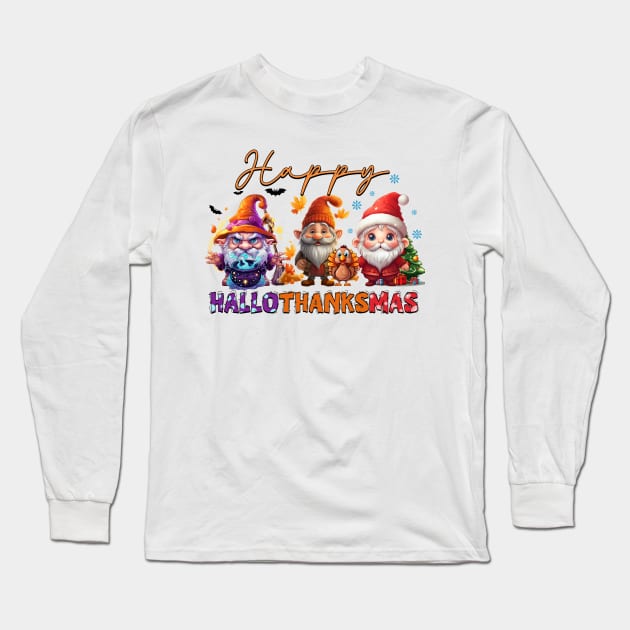 Happy Hallothanksmas Gnomes #3 Long Sleeve T-Shirt by Chromatic Fusion Studio